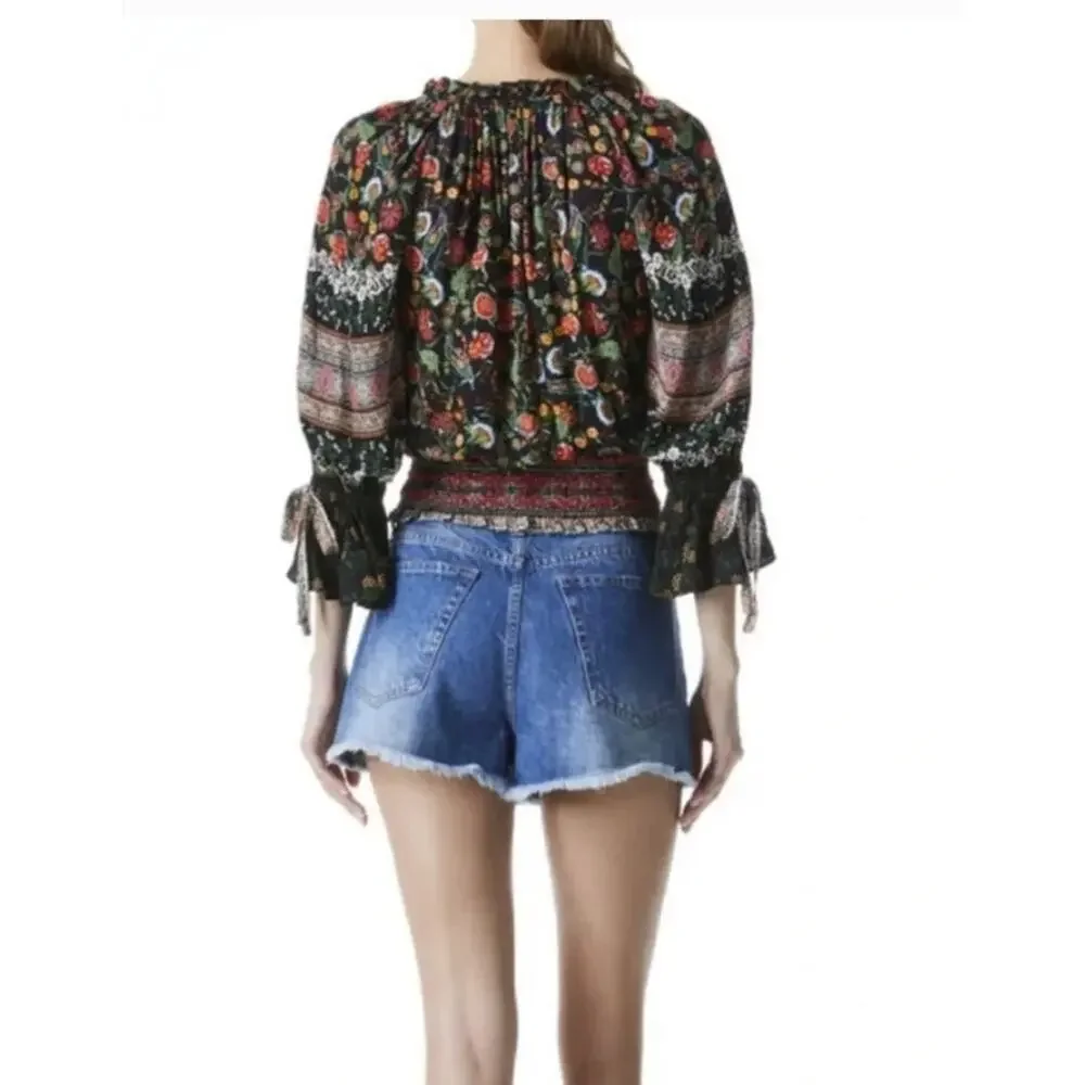 Alice + Olivia Kora Smocked Floral Peasant Top Ruffle Sleeve - Picture 2 of 7
